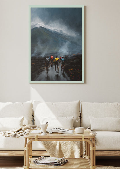 Volcanic Ascent Cycling Art Print & Canvas – Riders Through Ash and Storm