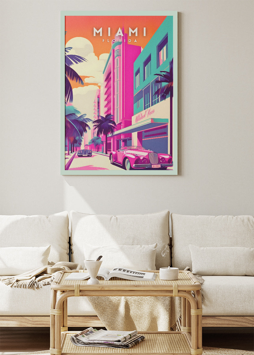 Miami Florida Poster & Canvas Print – Art Deco District & Retro Convertible Illustration