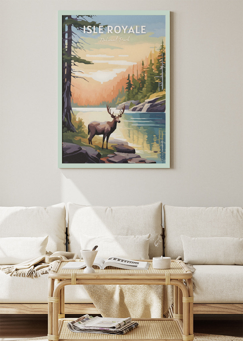 Isle Royale National Park Poster & Canvas Print – Moose by Lake Wilderness Landscape Wall Art