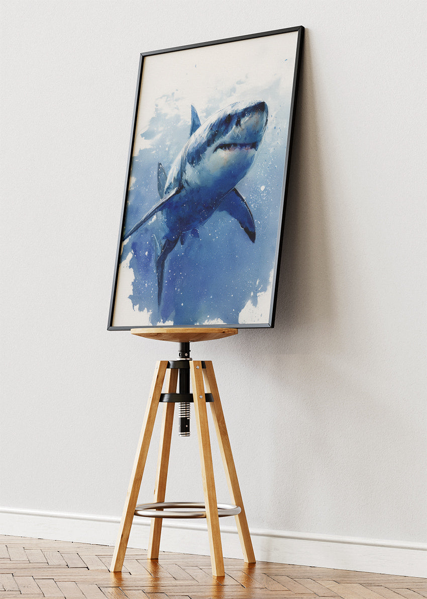 Blue Water Shark Poster & Canvas Print – Ocean Wildlife Watercolor Art