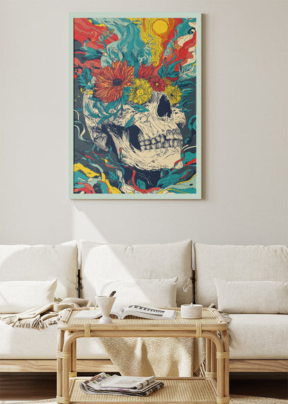 Psychedelic Skull Floral Wall Art – Vibrant Abstract Canvas Print | Bold Surreal Portrait Poster