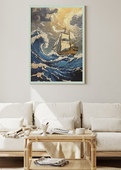 Stormy Ocean Sailing Ship – Dramatic Nautical Wave Wall Art – AI PRINT LAB