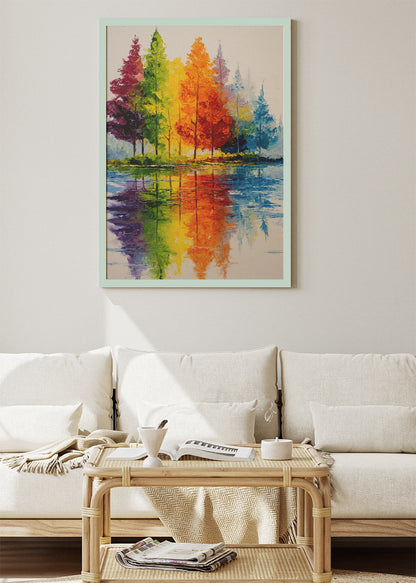 Colorful Autumn Reflection Wall Art – Vibrant Rainbow Trees Canvas Print | Modern Lake Landscape Portrait Poster