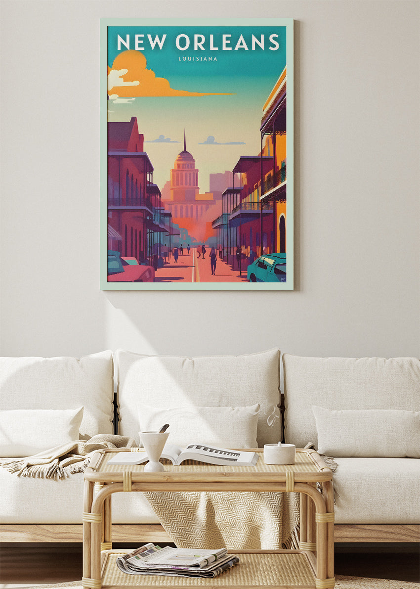 New Orleans Louisiana Poster & Canvas Print – French Quarter Street & Skyline Illustration
