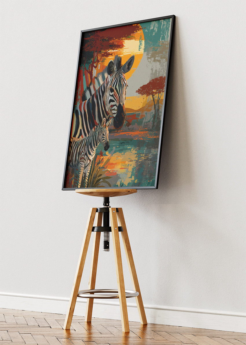 Zebra Family Poster & Canvas Print – African Safari Sunset Art