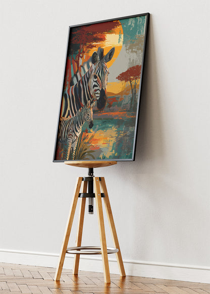 Zebra Family Poster & Canvas Print – African Safari Sunset Art