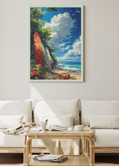 Tropical Surfboards by the Ocean – Coastal Beach Wall Art – AI PRINT LAB