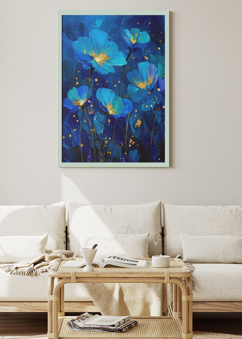 Midnight Blue Floral Wall Art – Gold Accent Blossom Canvas Print | Elegant Modern Portrait Poster