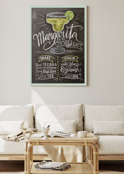 Margarita Chalkboard Cocktail Recipe Poster & Canvas Print | Vintage Bar Wall Art