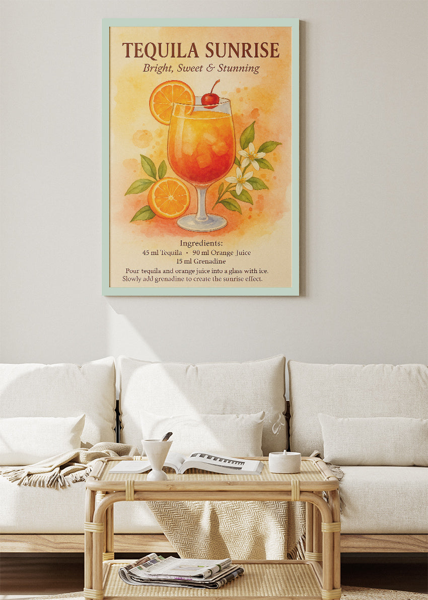 Tequila Sunrise Watercolor Poster & Canvas Print | Botanical Cocktail Wall Art