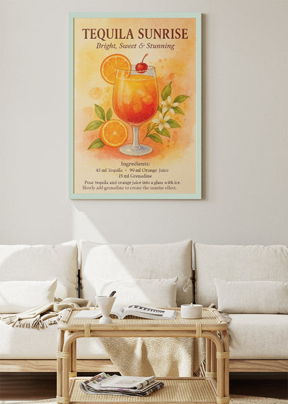 Tequila Sunrise Watercolor Poster & Canvas Print | Botanical Cocktail Wall Art