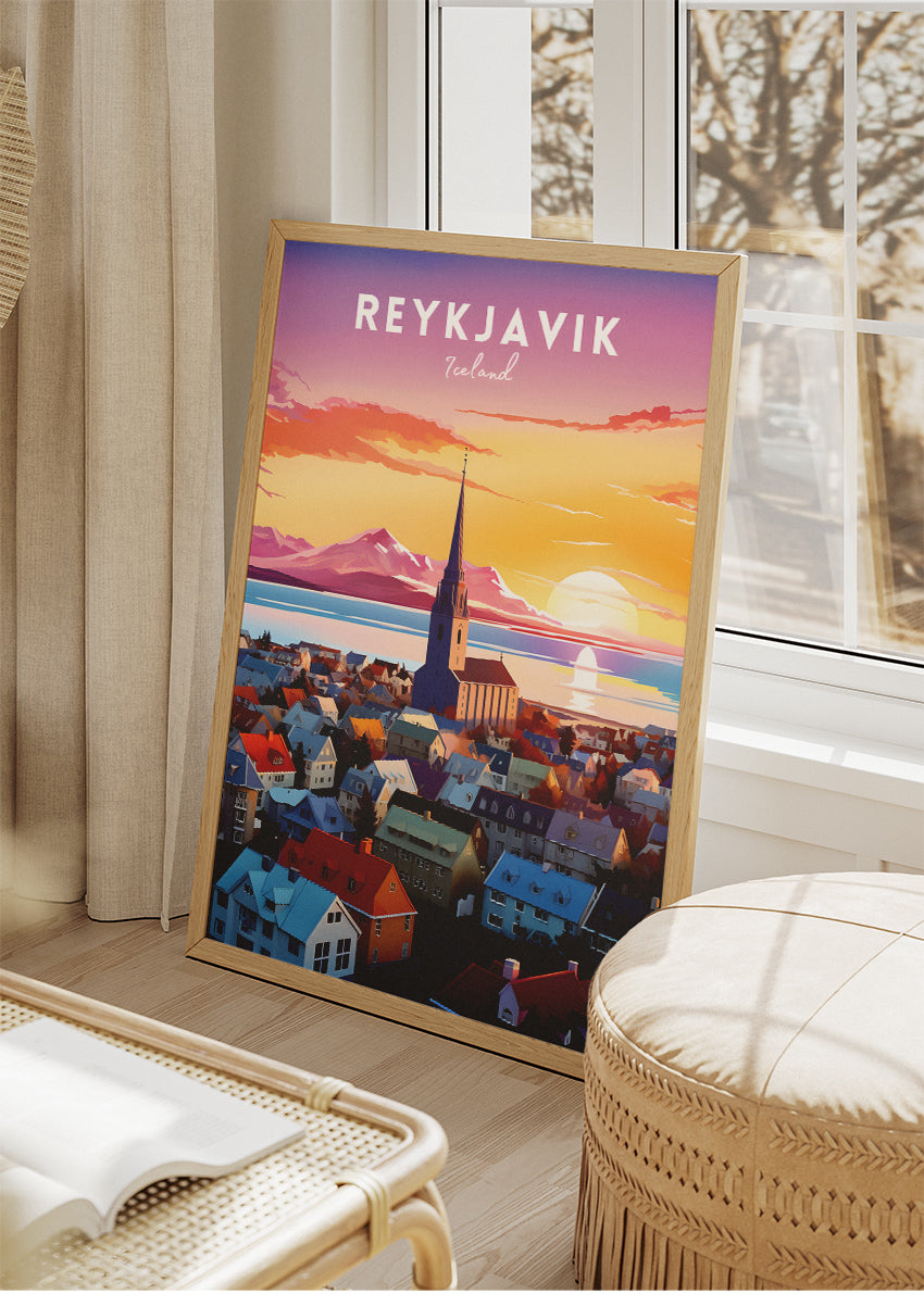 Reykjavik Iceland Sunset Skyline Poster & Canvas Print – Colorful Nordic Cityscape Wall Art