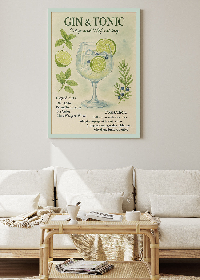 Gin & Tonic Watercolor Botanical Poster & Canvas Print | Elegant Kitchen Wall Art