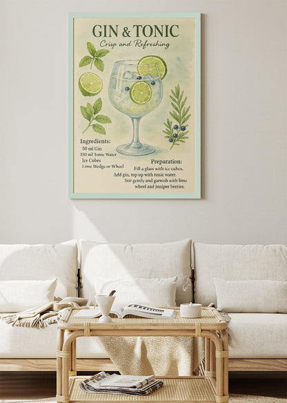 Gin & Tonic Watercolor Botanical Poster & Canvas Print | Elegant Kitchen Wall Art