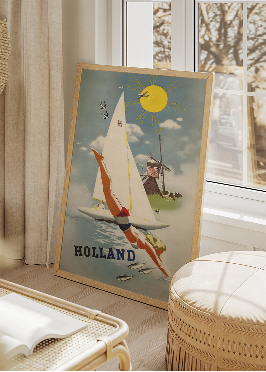 Holland Vintage Diving & Sailboat Poster & Canvas Print – Retro Dutch Travel Art