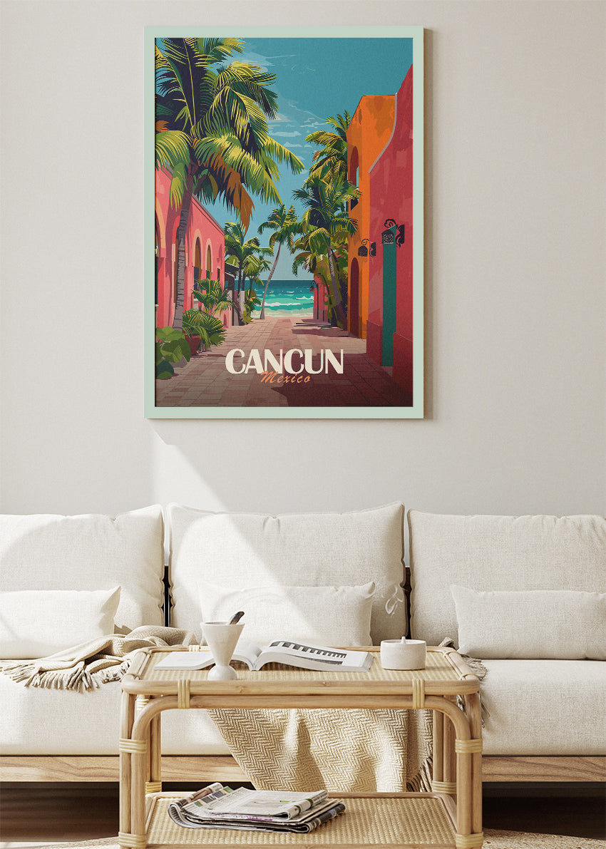 Cancun Mexico Poster & Canvas Print – Illustrated Tropical Street & Beach Art