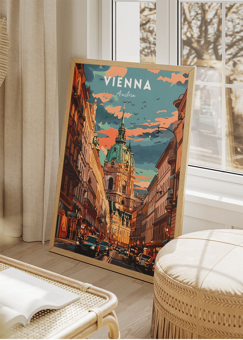 Vienna Austria Travel Poster & Canvas Wall Art – Historic City Street & Dome Illustration