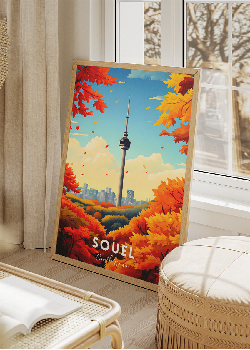Seoul South Korea Travel Poster & Canvas Print – Autumn Cityscape Illustration Wall Art