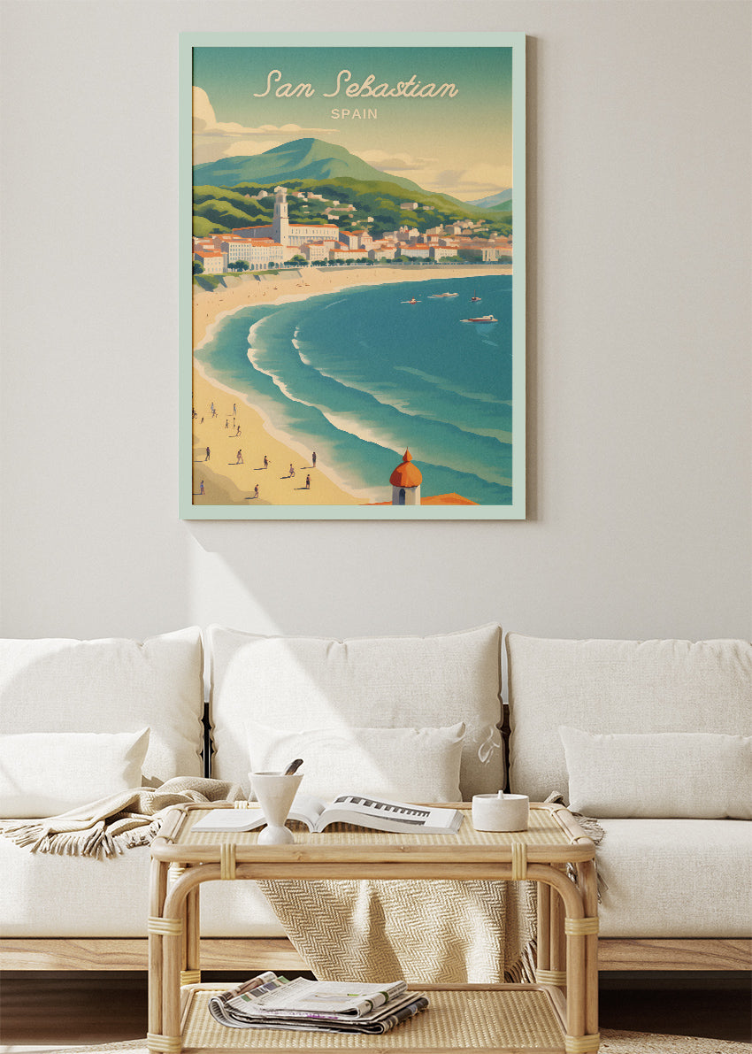 San Sebastian Spain Poster & Canvas Print – Vintage Coastal Beach Illustration Art