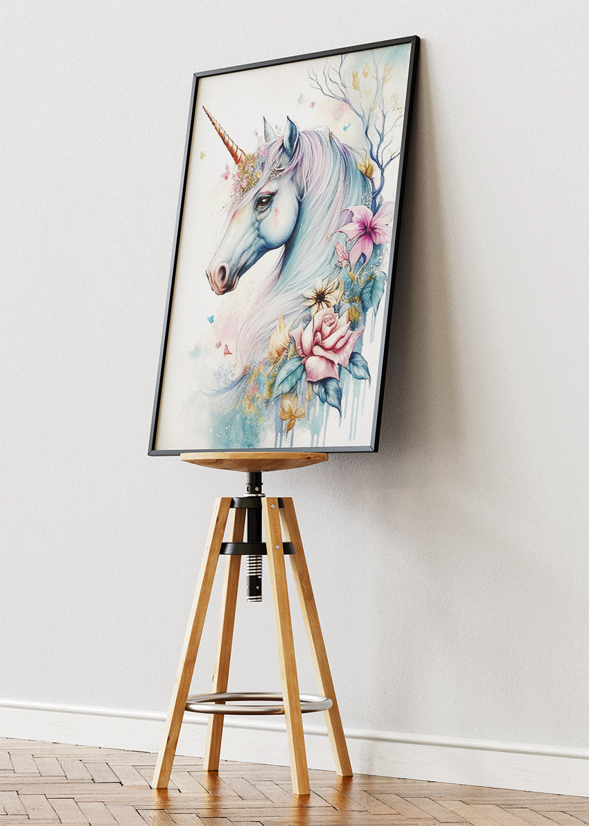 Elegant Unicorn Poster & Canvas Print – Pastel Fantasy Floral Art