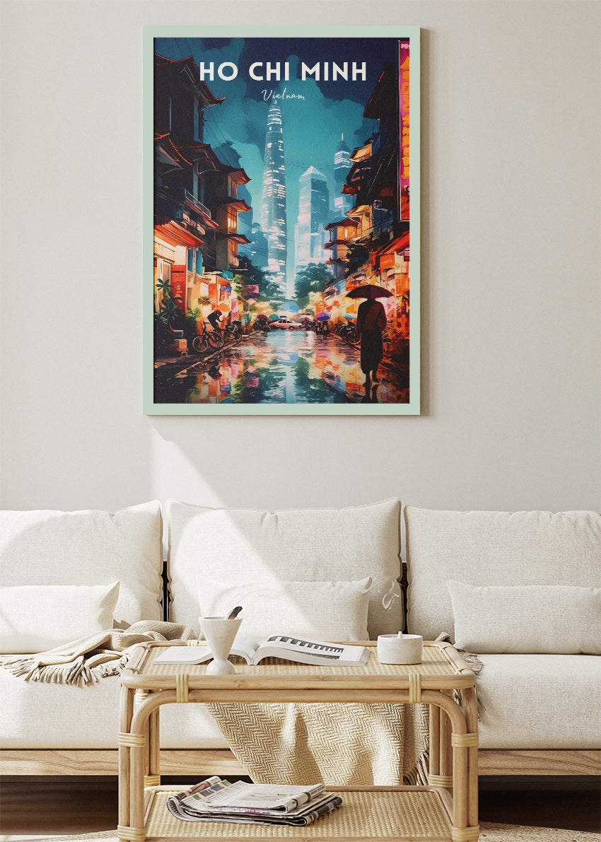 Ho Chi Minh Vietnam Poster & Canvas Print – Saigon Night Street Illustration Wall Art
