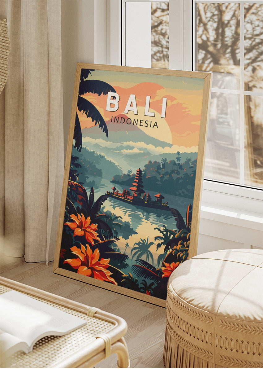 Bali Indonesia Tropical Jungle & Lake Temple Poster – Illustrated Travel Art
