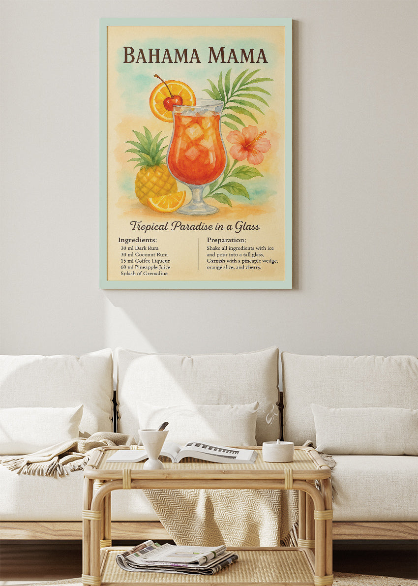 Bahama Mama Watercolor Cocktail Poster & Canvas Print | Tropical Botanical Bar Wall Art