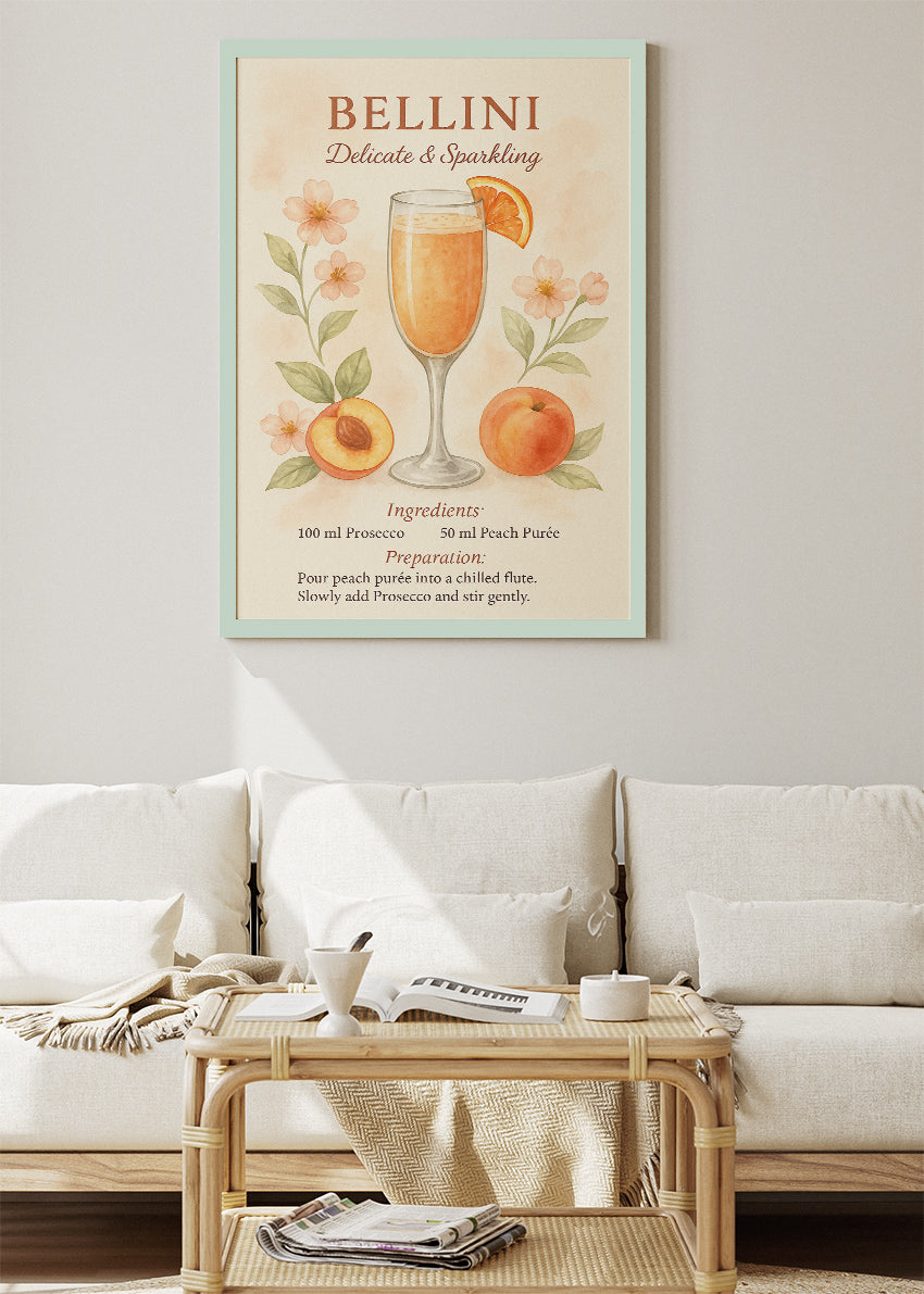 Bellini Watercolor Cocktail Poster & Canvas Print | Delicate Floral Bar Wall Art