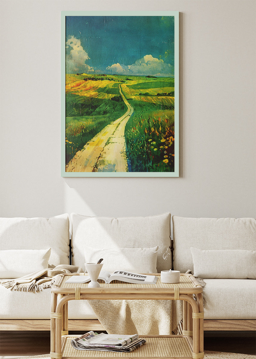 Countryside Path Through Green Fields – Vibrant Rural Landscape Wall Art Poster & Canvas – AI PRINT LAB