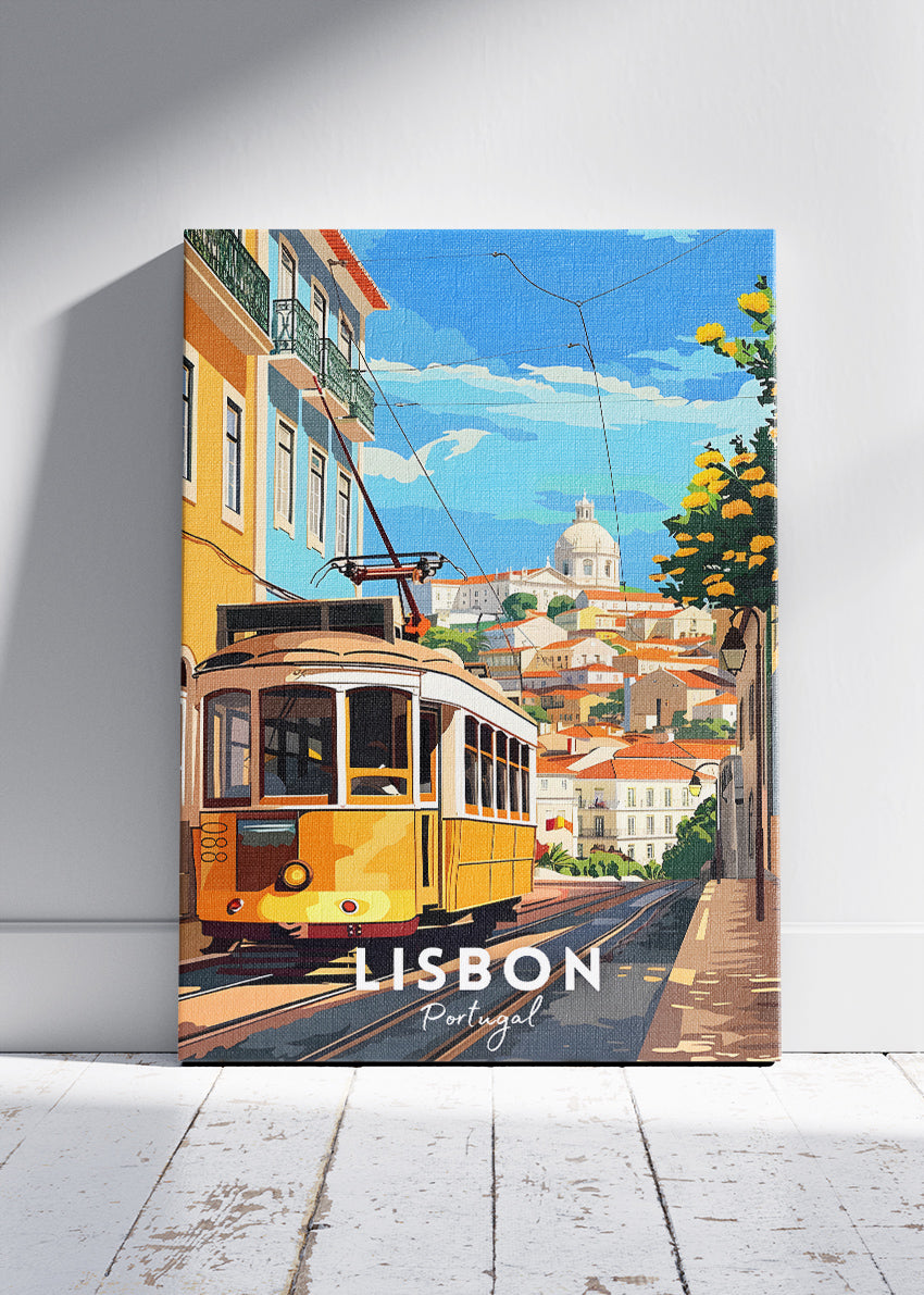Lisbon Portugal Poster & Canvas Print – Vintage Illustrated Tram Travel Art