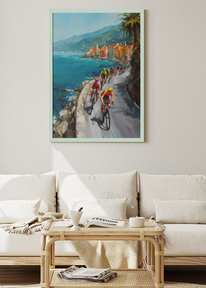 Coastal Breakaway Cycling Art Print & Canvas – Riviera Cliff Race