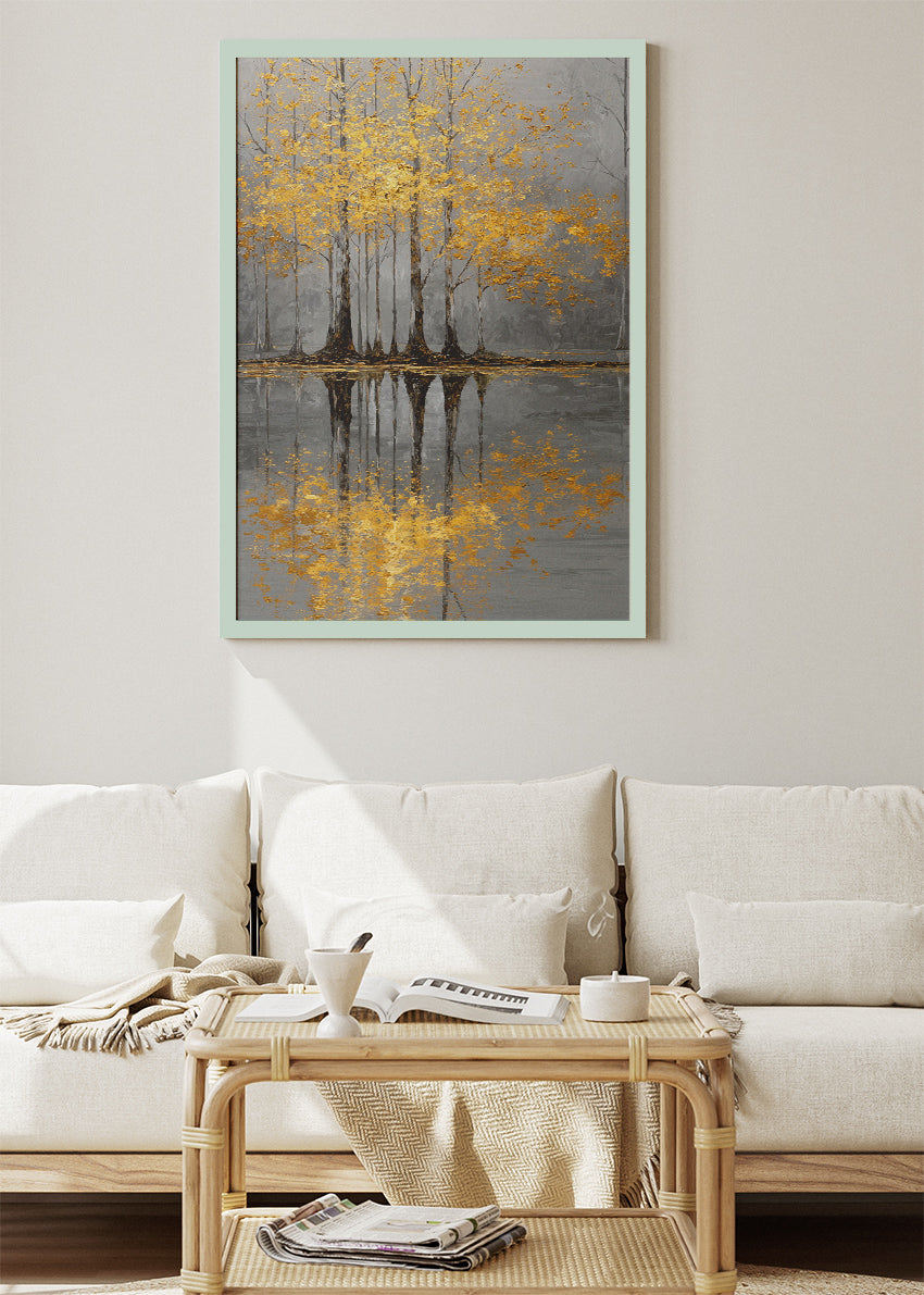 Golden Tree Reflection Wall Art – Grey & Gold Lake Canvas Print | Elegant Autumn Portrait Poster