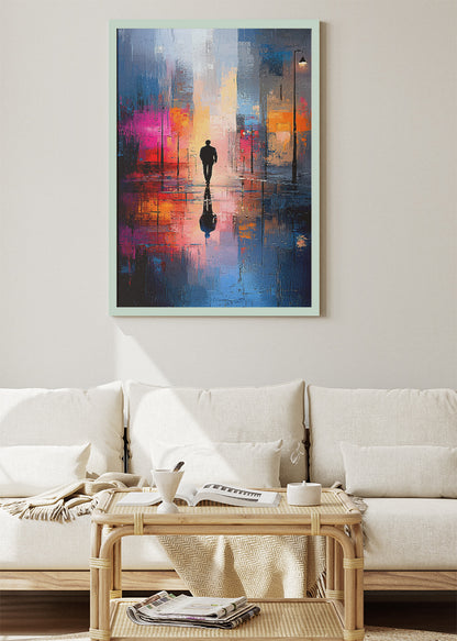 Neon Reflections in the Rain – Modern City Silhouette Wall Art – AI PRINT LAB