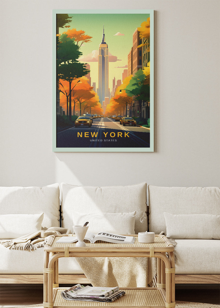 New York United States Poster & Canvas Print – Empire State Building Autumn Avenue Illustration