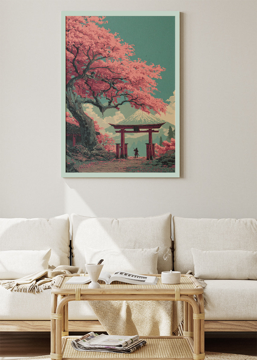 Japanese Cherry Blossom Wall Art – Torii Gate & Mount Fuji Canvas Print | Vintage Style Landscape Portrait Poster