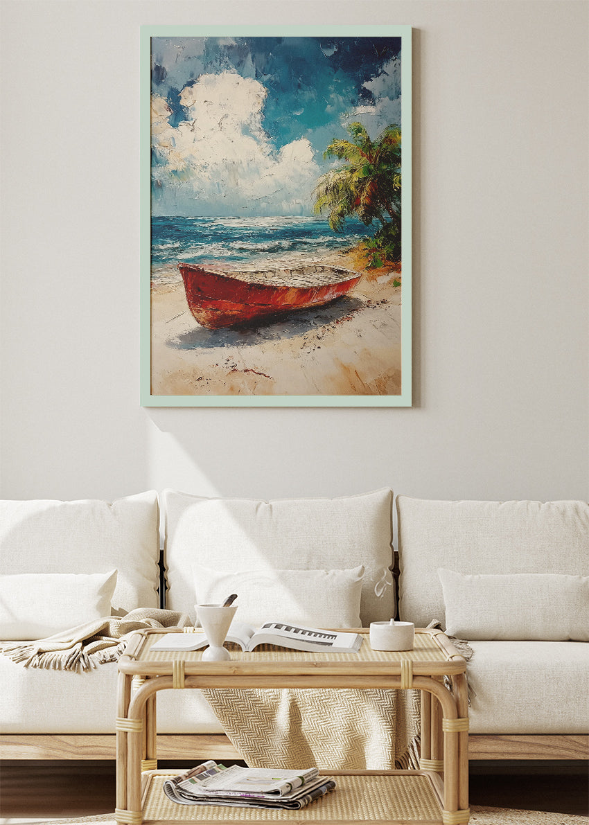 Tropical Red Boat – Coastal Beach Canvas & Poster Print – AI PRINT LAB