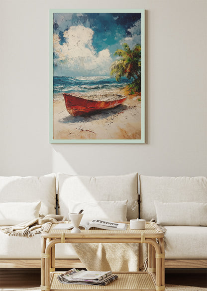 Tropical Red Boat – Coastal Beach Canvas & Poster Print – AI PRINT LAB