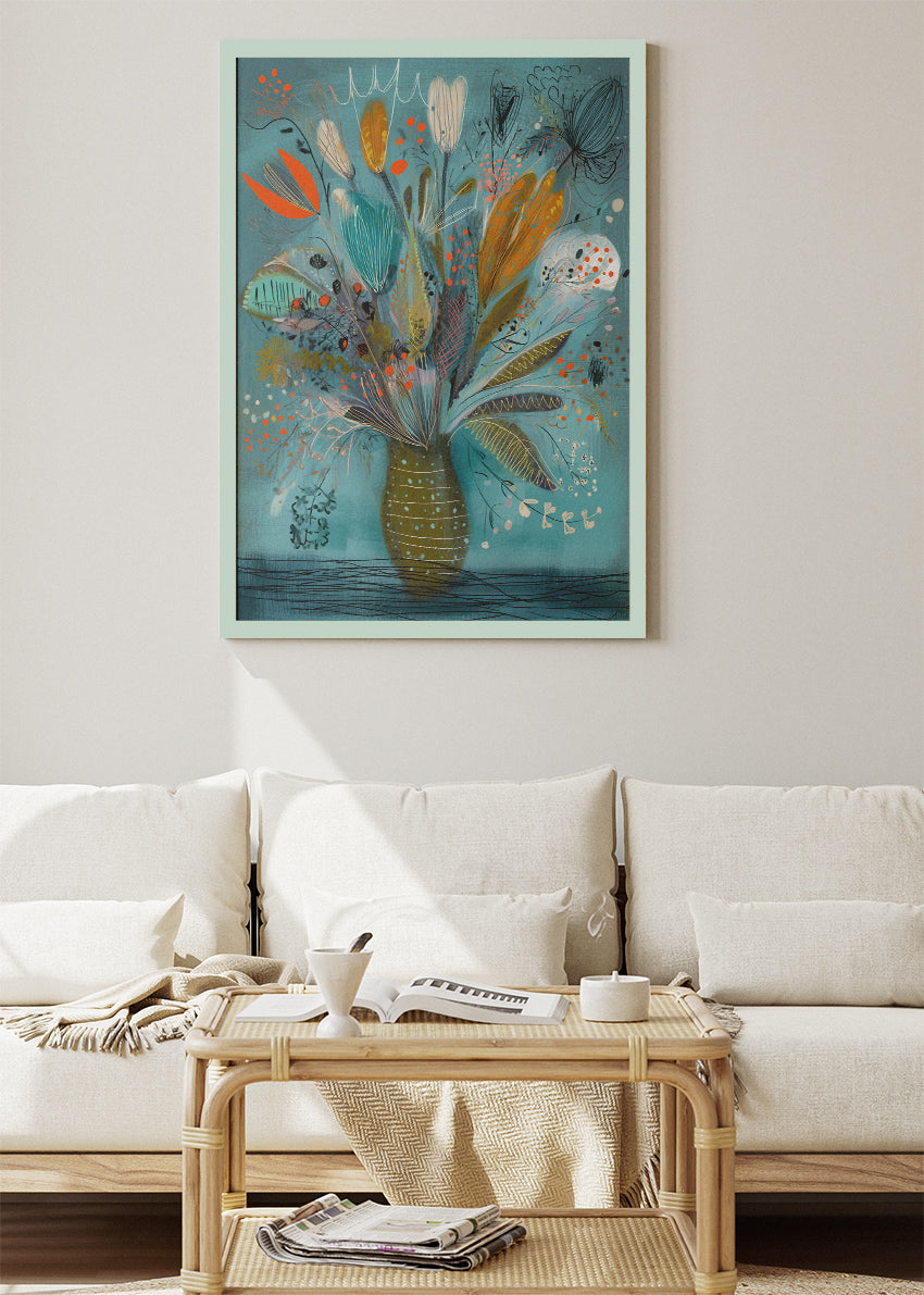 Modern Abstract Floral Vase Wall Art – Teal & Orange Botanical Canvas Print | Contemporary Portrait Poster