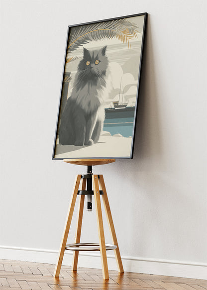 Coastal Grey Cat Canvas Print & Poster – Minimalist Seaside Cat Wall Art – AI PRINT LAB