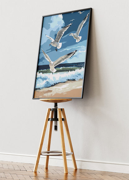 Seagulls Over Ocean Canvas Print & Poster – Coastal Beach Landscape Wall Art – AI PRINT LAB