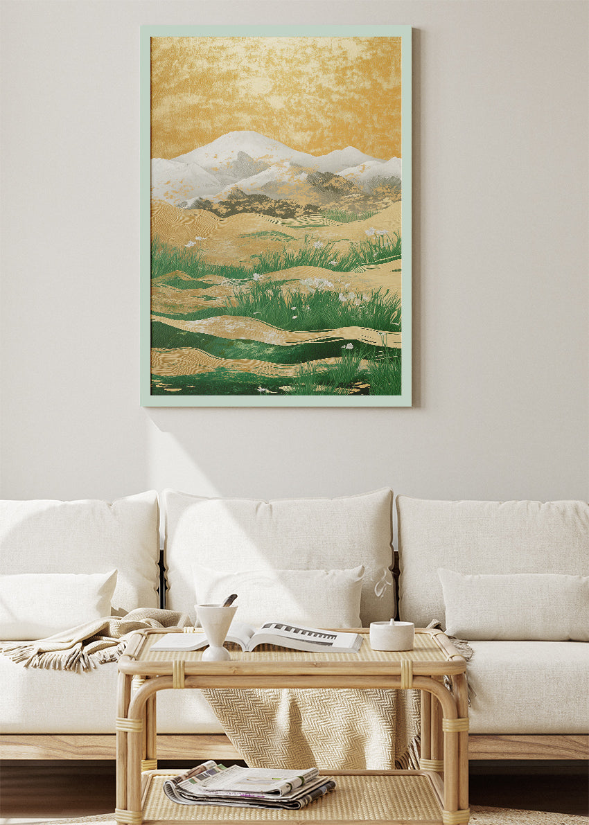 Golden Horizon Fields – Minimal Landscape Canvas & Poster Print – AI PRINT LAB