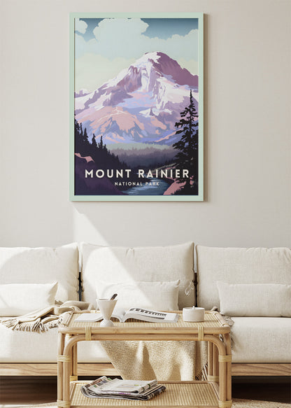 Mount Rainier National Park Poster & Canvas Print – Illustrated Mountain Landscape Wall Art