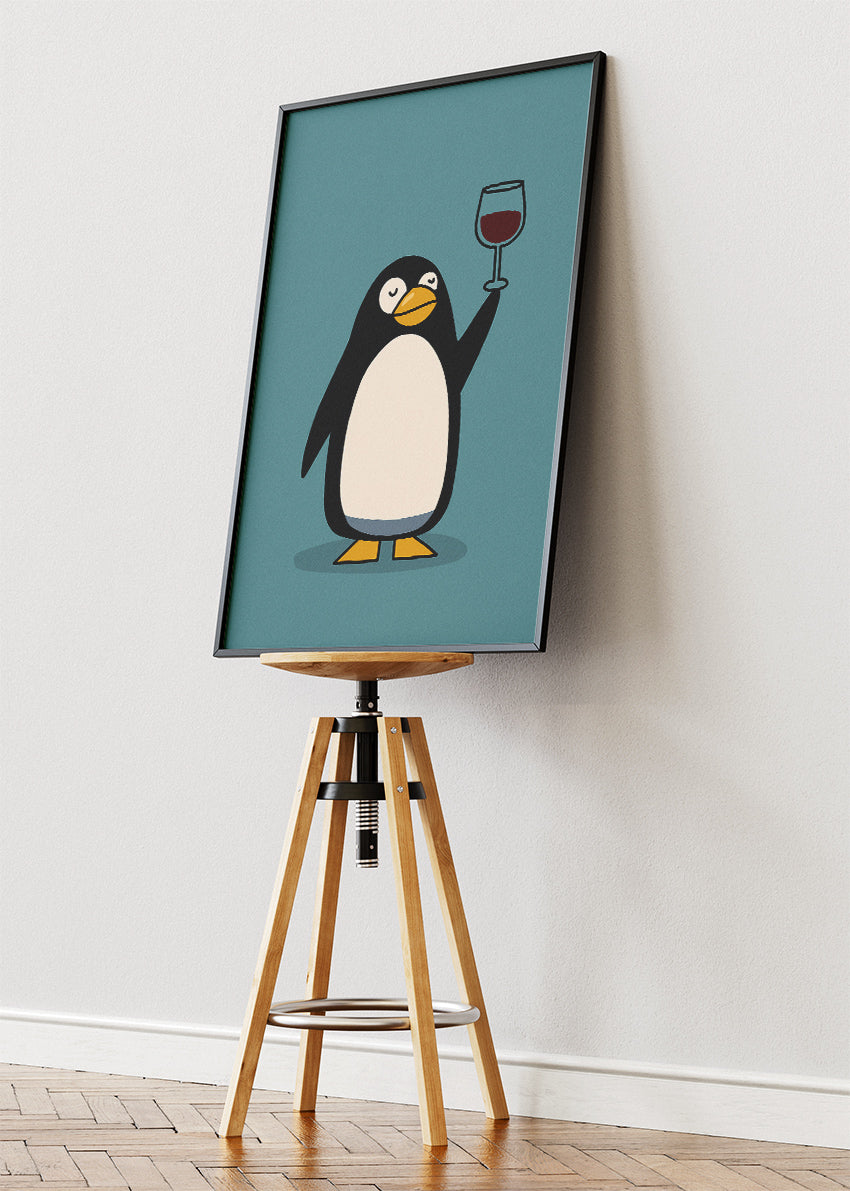 Funny Penguin Wine Canvas Print & Poster – Minimalist Cartoon Animal Wall Art – AI PRINT LAB