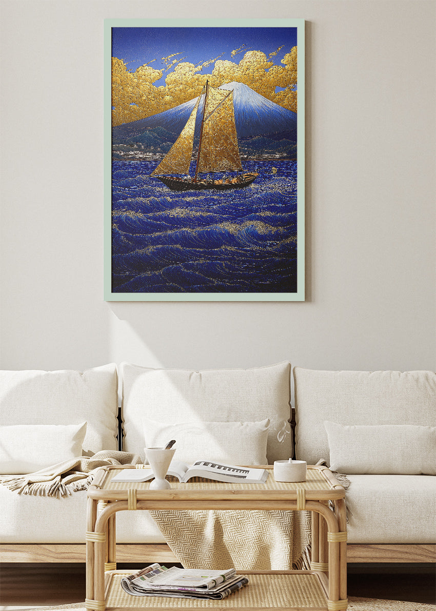 Golden Sails at Fuji – Luxury Ocean Canvas & Poster Print – AI PRINT LAB