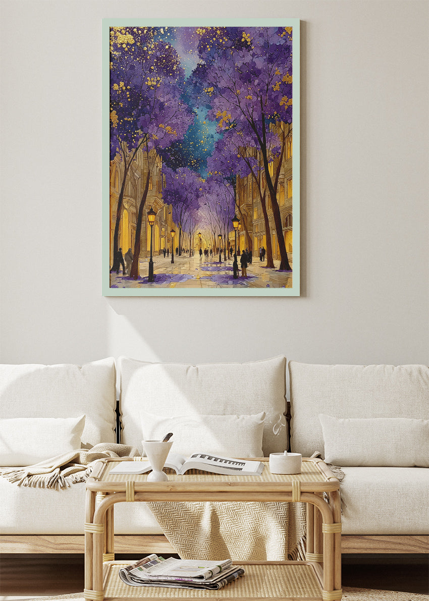 Purple Blossom City Night Wall Art – Golden Street Lights Canvas Print | Romantic Urban Landscape Portrait Poster
