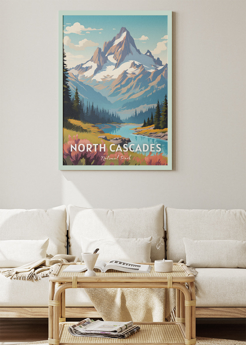 North Cascades National Park Poster & Canvas Print – Illustrated Mountain Landscape Wall Art