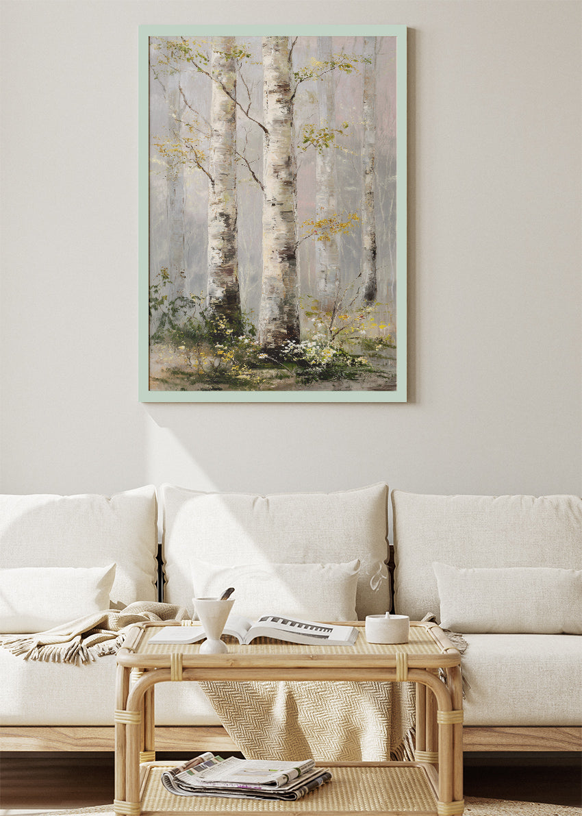 Soft Birch Forest Wall Art – Neutral Woodland Canvas Print | Calm Nature Landscape Portrait Poster