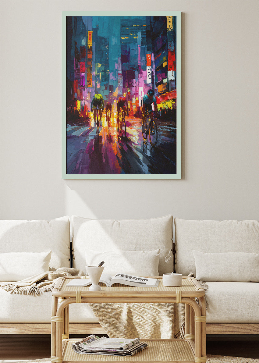Neon City Sprint Cycling Art Print & Canvas – Electric Night Breakaway