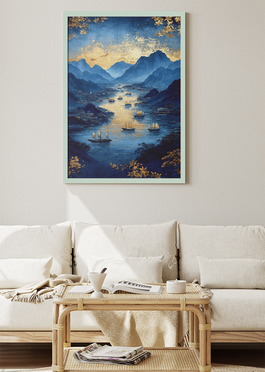 Midnight Blue Harbor – Luxury Gold Mountain Canvas & Poster Print – AI PRINT LAB