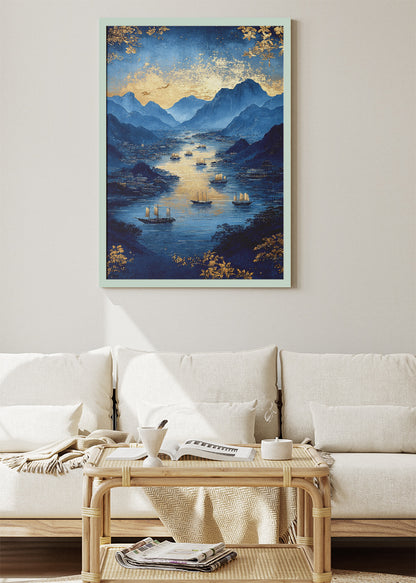 Midnight Blue Harbor – Luxury Gold Mountain Canvas & Poster Print – AI PRINT LAB